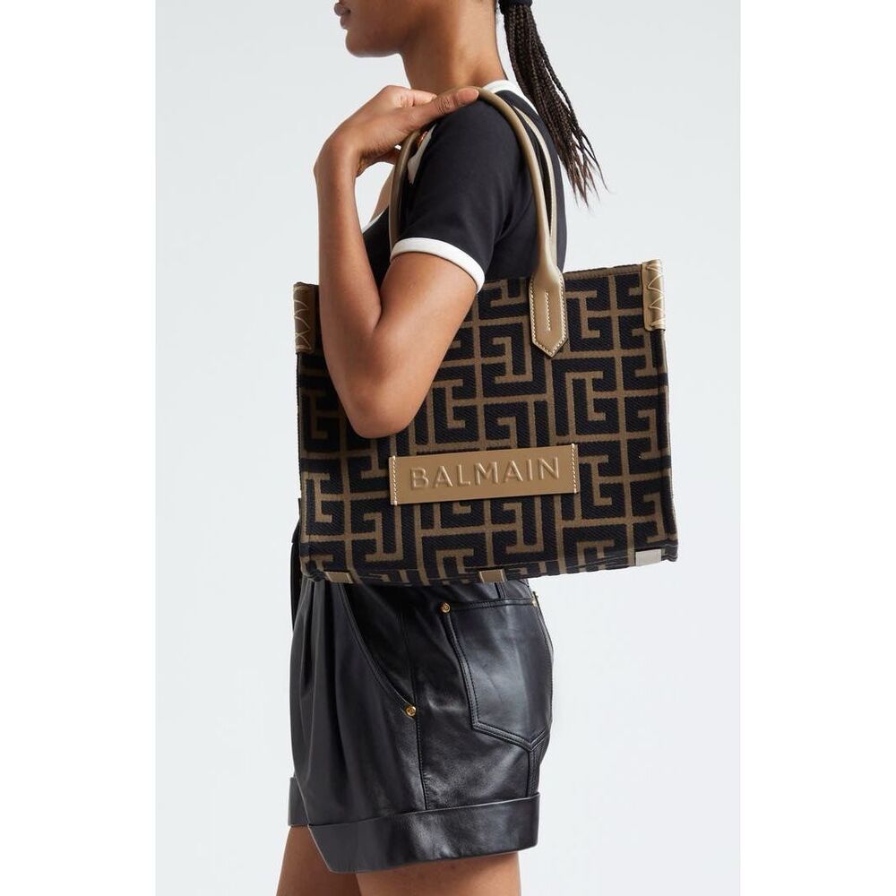 BALMAIN Khaki & Black B-Army 36 Monogram Jacquard Tote $1495